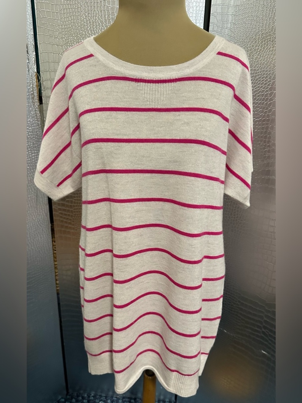 Theory Cashmere Blend Short Roll Sleeve Pink Striped Top Size Large $305 RTL